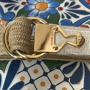 Michael Kors Tan Woven Belt with Gold Hardware and White Leather Accent